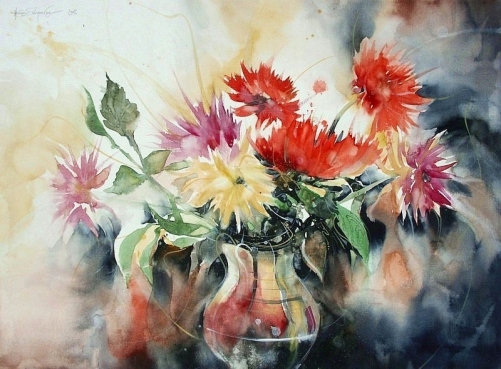 ''Dahlien'' Aquarell 2008, 42 x 56 cm